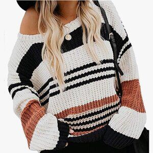 Zesica SZ L Black Rust Ivory stripe sweater Preppy Classic Academia Fisherman